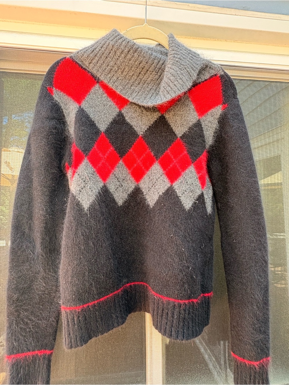 Angora Rabbit and Lambswool Argyle Funnel Neck Sweater in Black, Gray & Red